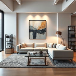 Modern interior design featuring the same frame with abstract art as the focal point