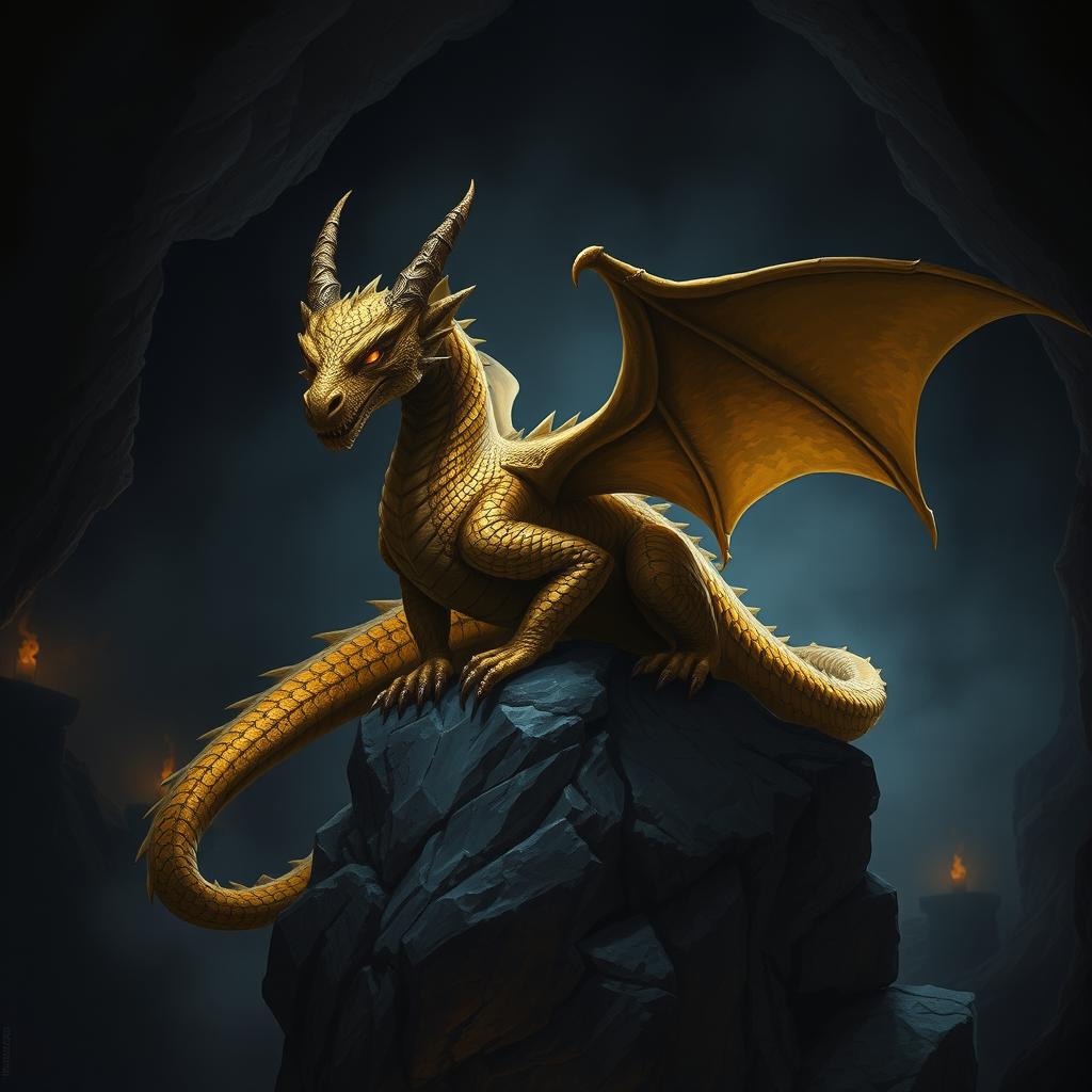 A sinister gold dragon wyrmling, perched menacingly on a jagged rock