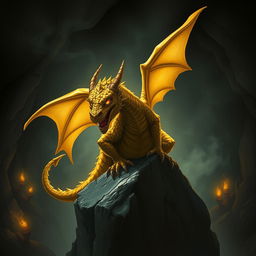 A sinister gold dragon wyrmling, perched menacingly on a jagged rock