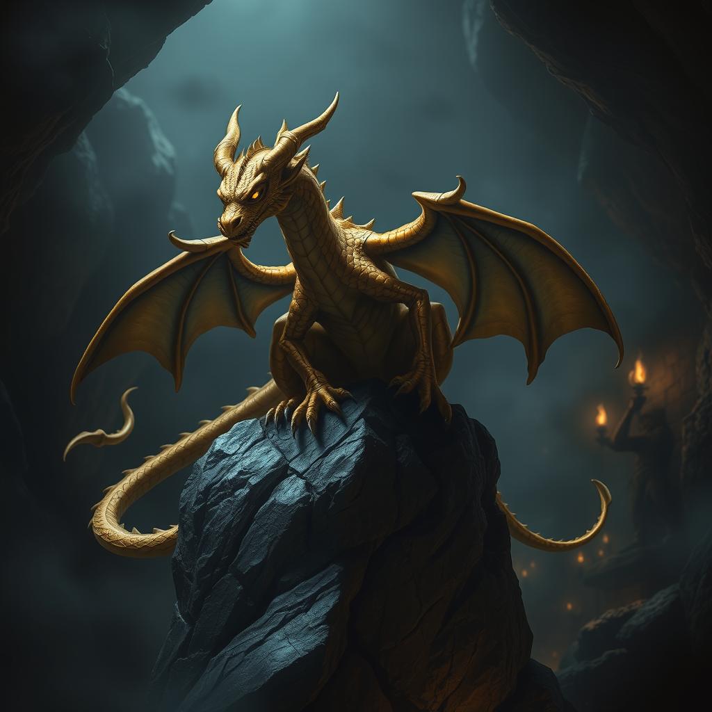 A sinister gold dragon wyrmling, perched menacingly on a jagged rock