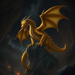 A sinister gold dragon wyrmling, perched menacingly on a jagged rock