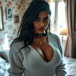 A stunning, large Indian goth dominatrix with an imposing presence, showcasing her athletic figure and huge perfect tatas in a white fuzzy V-neck sweater