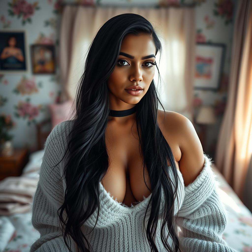 A stunning, large Indian goth dominatrix with an imposing presence, showcasing her athletic figure and huge perfect tatas in a white fuzzy V-neck sweater