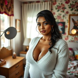 A stunning, large Indian goth dominatrix with an imposing presence, showcasing her athletic figure and huge perfect tatas in a white fuzzy V-neck sweater