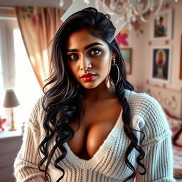 A stunning, large Indian goth dominatrix with an imposing presence, showcasing her athletic figure and huge perfect tatas in a white fuzzy V-neck sweater