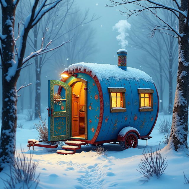 A vibrant blue gypsy caravan nestled in a serene winter landscape, surrounded by a blanket of fresh snow