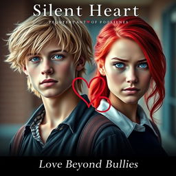 A captivating book cover for "Silent Hearts: Love Beyond Bullies" featuring a striking composition of the two main characters