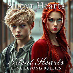 A captivating book cover for "Silent Hearts: Love Beyond Bullies" featuring a striking composition of the two main characters