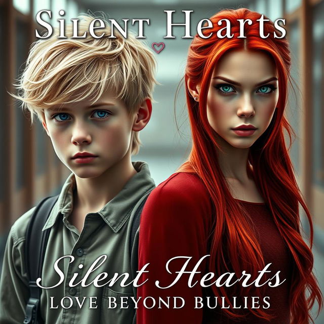 A captivating book cover for "Silent Hearts: Love Beyond Bullies" featuring a striking composition of the two main characters