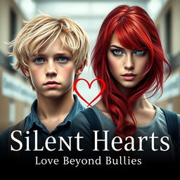 A captivating book cover for "Silent Hearts: Love Beyond Bullies" featuring a striking composition of the two main characters