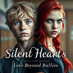 A captivating book cover for "Silent Hearts: Love Beyond Bullies" featuring a striking composition of the two main characters