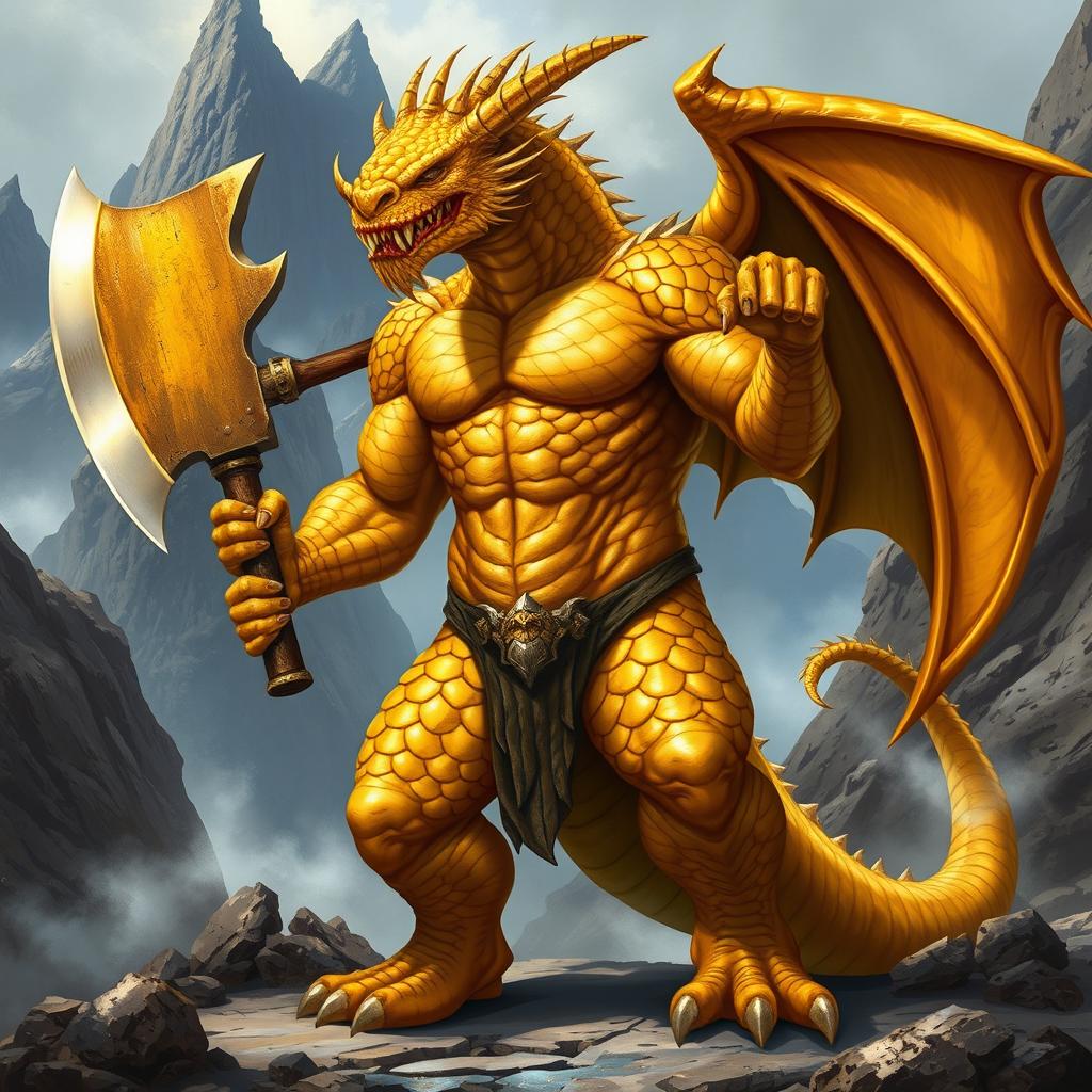 A fierce and muscular gold dragonborn berserker standing boldly, holding a massive two-handed axe