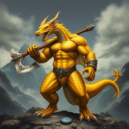 A fierce and muscular gold dragonborn berserker standing boldly, holding a massive two-handed axe