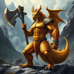 A fierce and muscular gold dragonborn berserker standing boldly, holding a massive two-handed axe