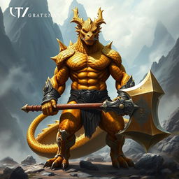 A fierce and muscular gold dragonborn berserker standing boldly, holding a massive two-handed axe