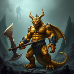 A menacing and muscular gold dragonborn berserker stands with a wicked grin, holding a massive two-handed axe