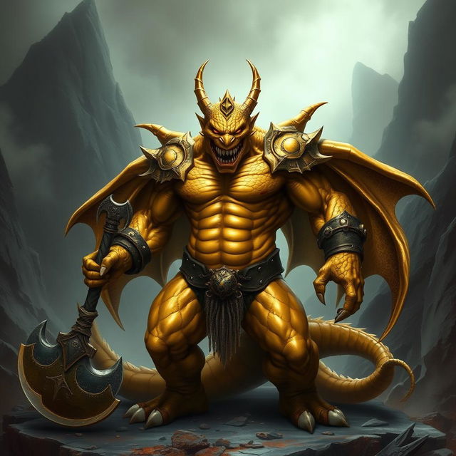 A menacing and muscular gold dragonborn berserker stands with a wicked grin, holding a massive two-handed axe