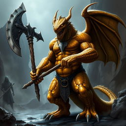 A menacing and muscular gold dragonborn berserker stands with a wicked grin, holding a massive two-handed axe