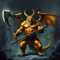 A menacing and muscular gold dragonborn berserker stands with a wicked grin, holding a massive two-handed axe