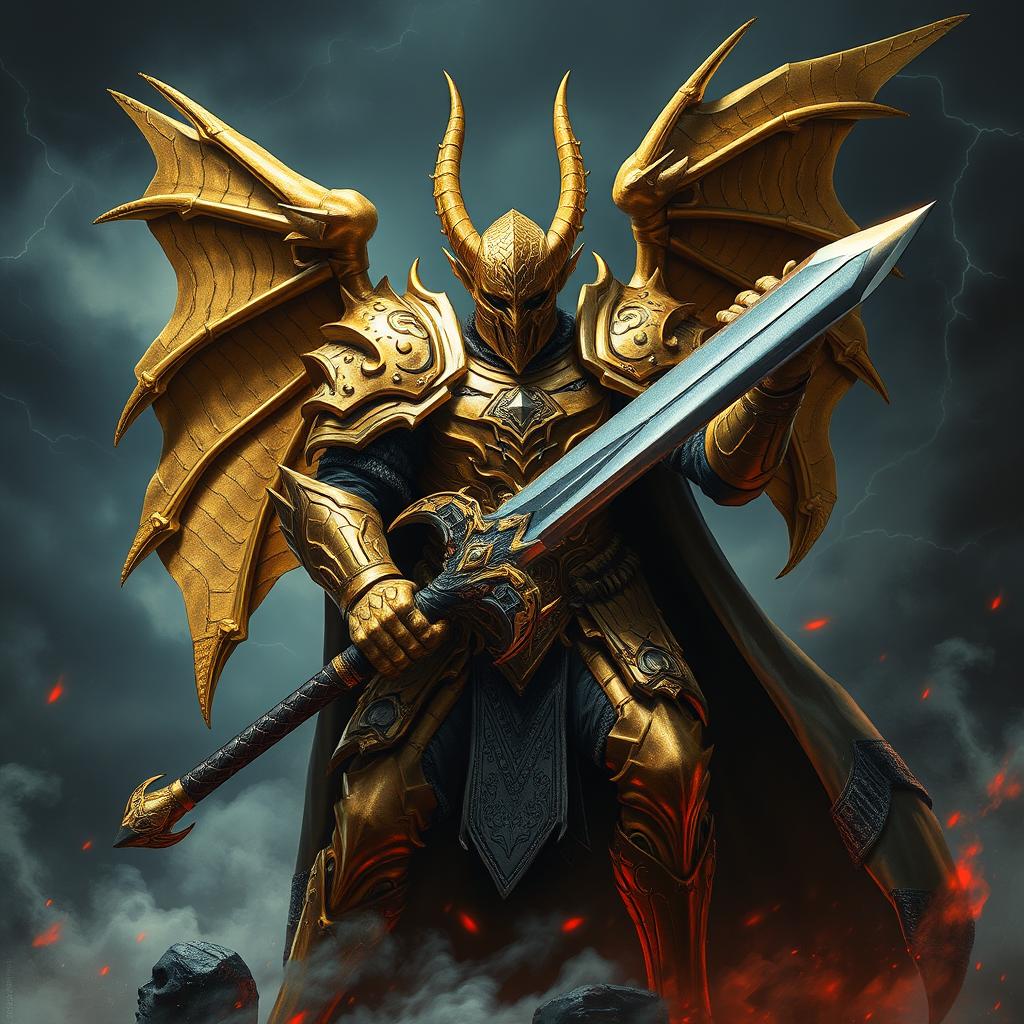 Evil gold dragonborn knight clad in majestic yet sinister armor, with intricate designs resembling dragon scales