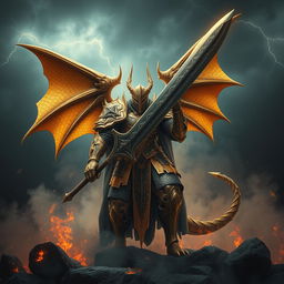 Evil gold dragonborn knight clad in majestic yet sinister armor, with intricate designs resembling dragon scales