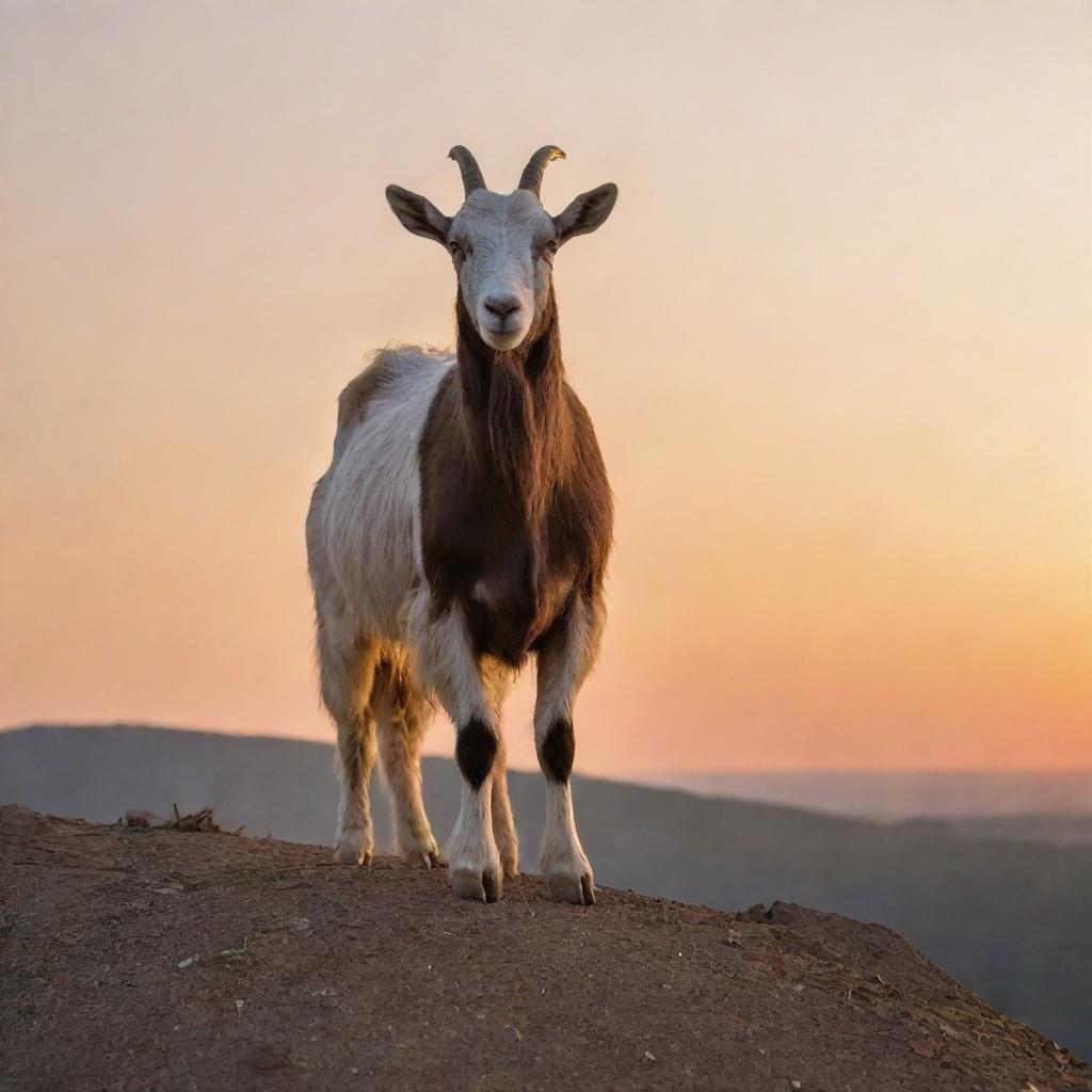 An exceedingly magnificent goat standing proudly on top of a hill against a sunset background