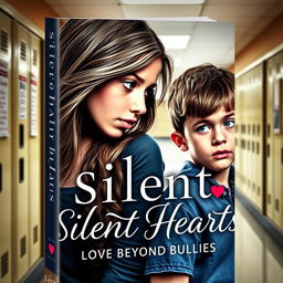 A captivating book cover titled 'Silent Hearts: Love Beyond Bullies', featuring two main characters, a teenage girl and boy, depicted in a school setting