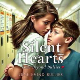 A captivating book cover titled 'Silent Hearts: Love Beyond Bullies', featuring two main characters, a teenage girl and boy, depicted in a school setting