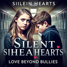 A captivating book cover titled 'Silent Hearts: Love Beyond Bullies', featuring two main characters, a teenage girl and boy, depicted in a school setting