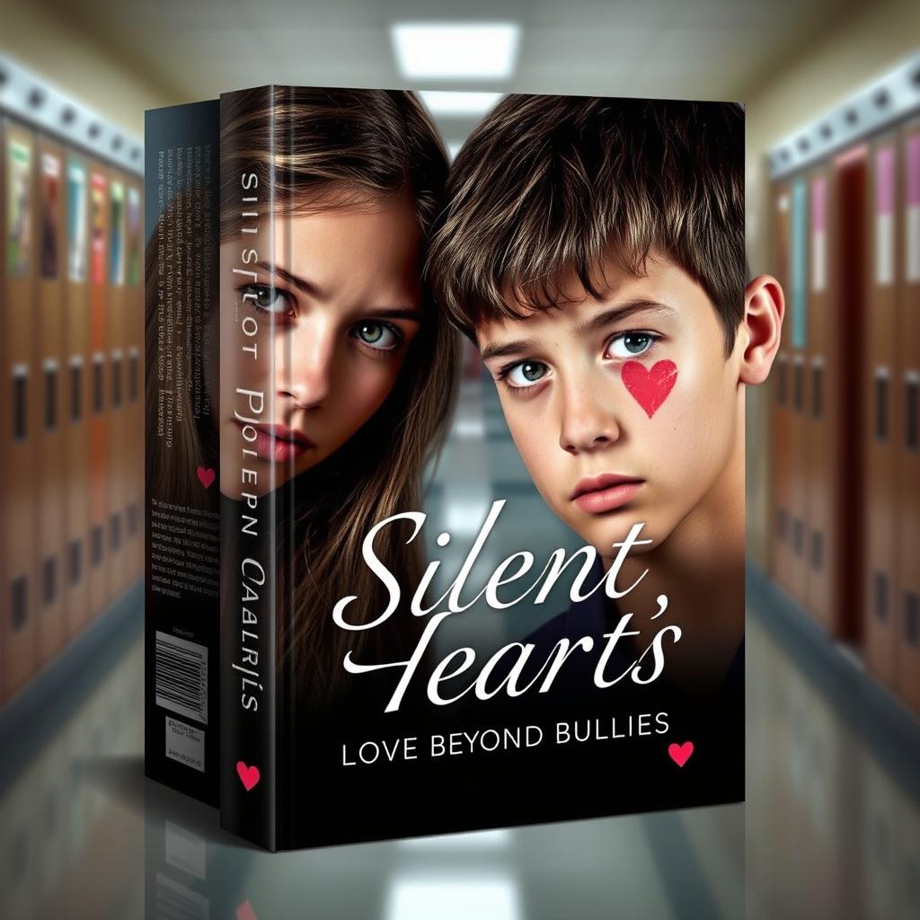A captivating book cover titled 'Silent Hearts: Love Beyond Bullies', featuring two main characters, a teenage girl and boy, depicted in a school setting