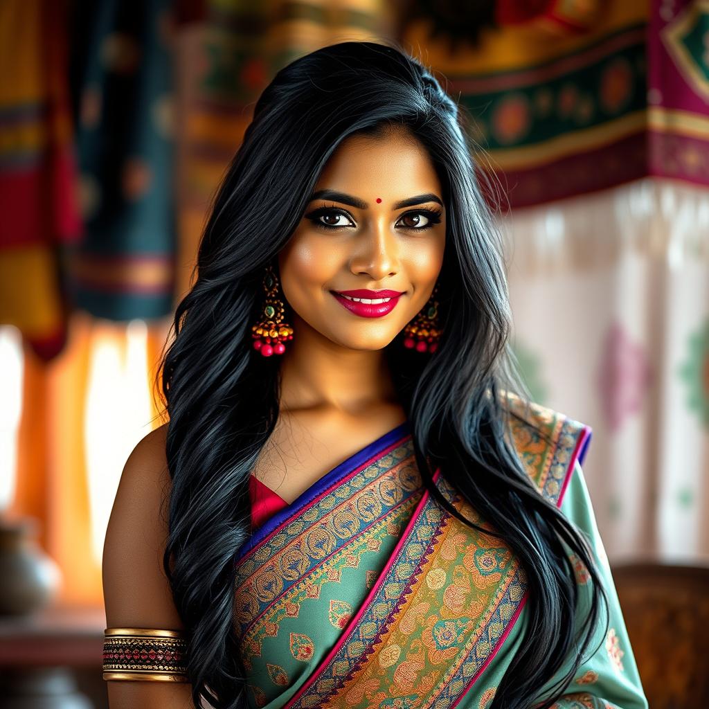 A captivating Indian woman with striking features and an alluring aura, showcasing her traditional yet modern fashion sense