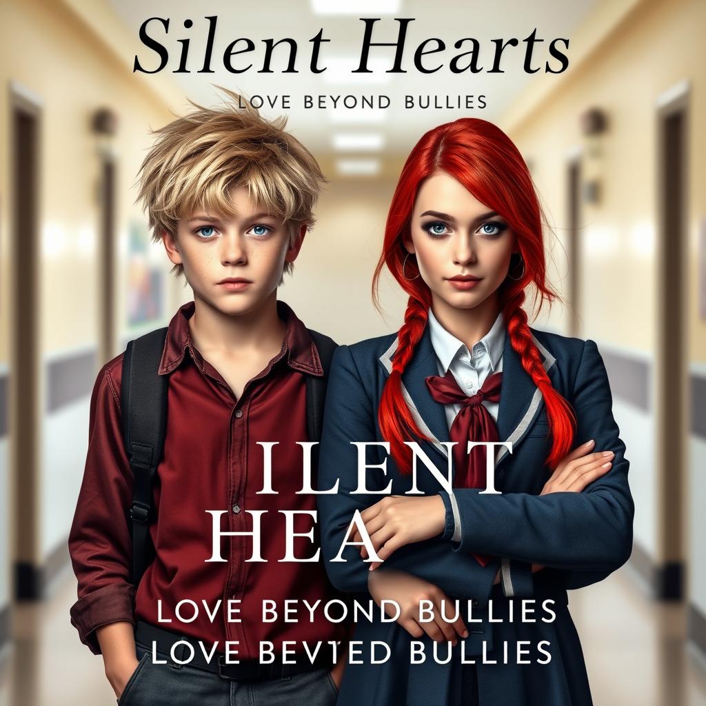 A compelling book cover for "Silent Hearts: Love Beyond Bullies" showcasing two 18-year-old main characters in a school setting