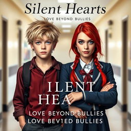 A compelling book cover for "Silent Hearts: Love Beyond Bullies" showcasing two 18-year-old main characters in a school setting