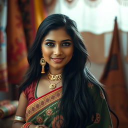 A captivating Indian woman with striking features and an alluring aura, showcasing her traditional yet modern fashion sense