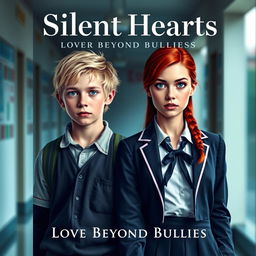 A compelling book cover for "Silent Hearts: Love Beyond Bullies" showcasing two 18-year-old main characters in a school setting