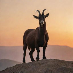 An exceedingly magnificent goat standing proudly on top of a hill against a sunset background