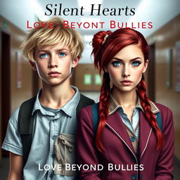 A compelling book cover for "Silent Hearts: Love Beyond Bullies" showcasing two 18-year-old main characters in a school setting