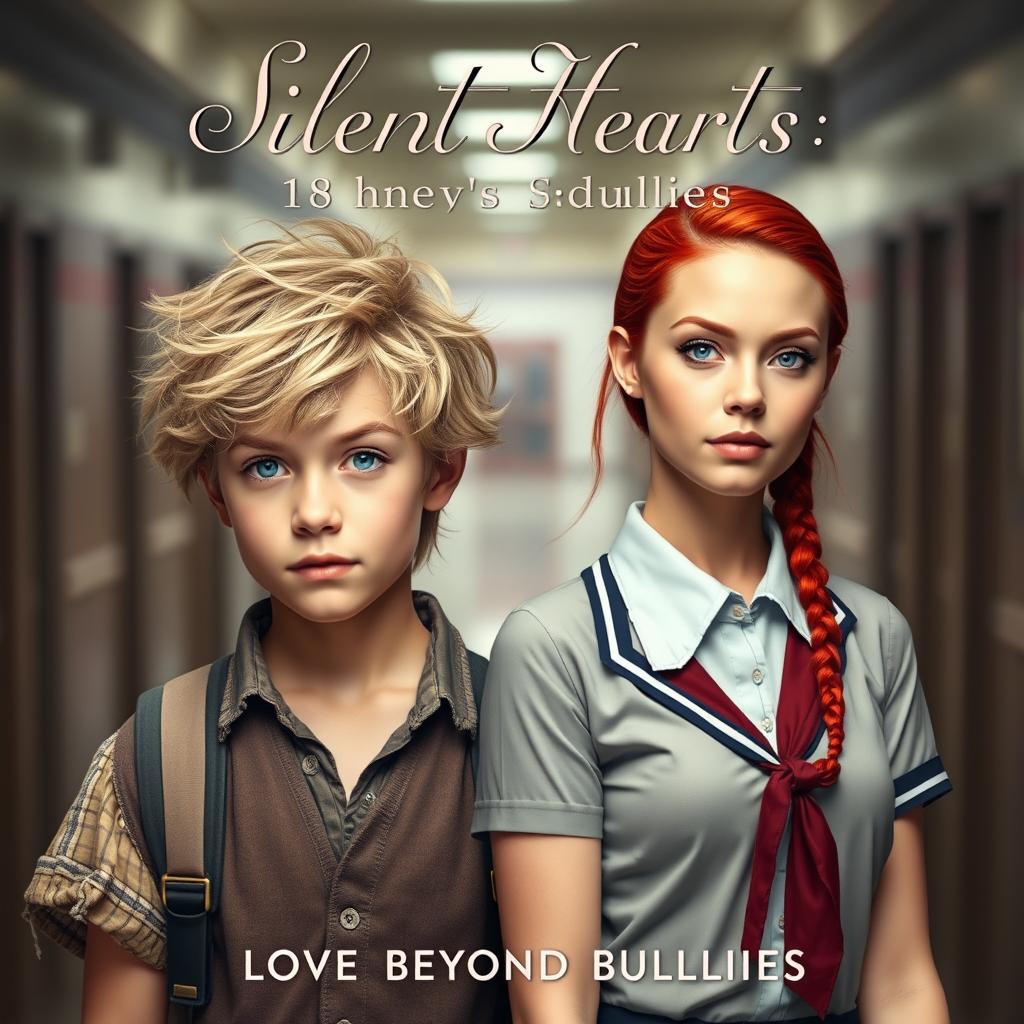 A compelling book cover for "Silent Hearts: Love Beyond Bullies" showcasing two 18-year-old main characters in a school setting