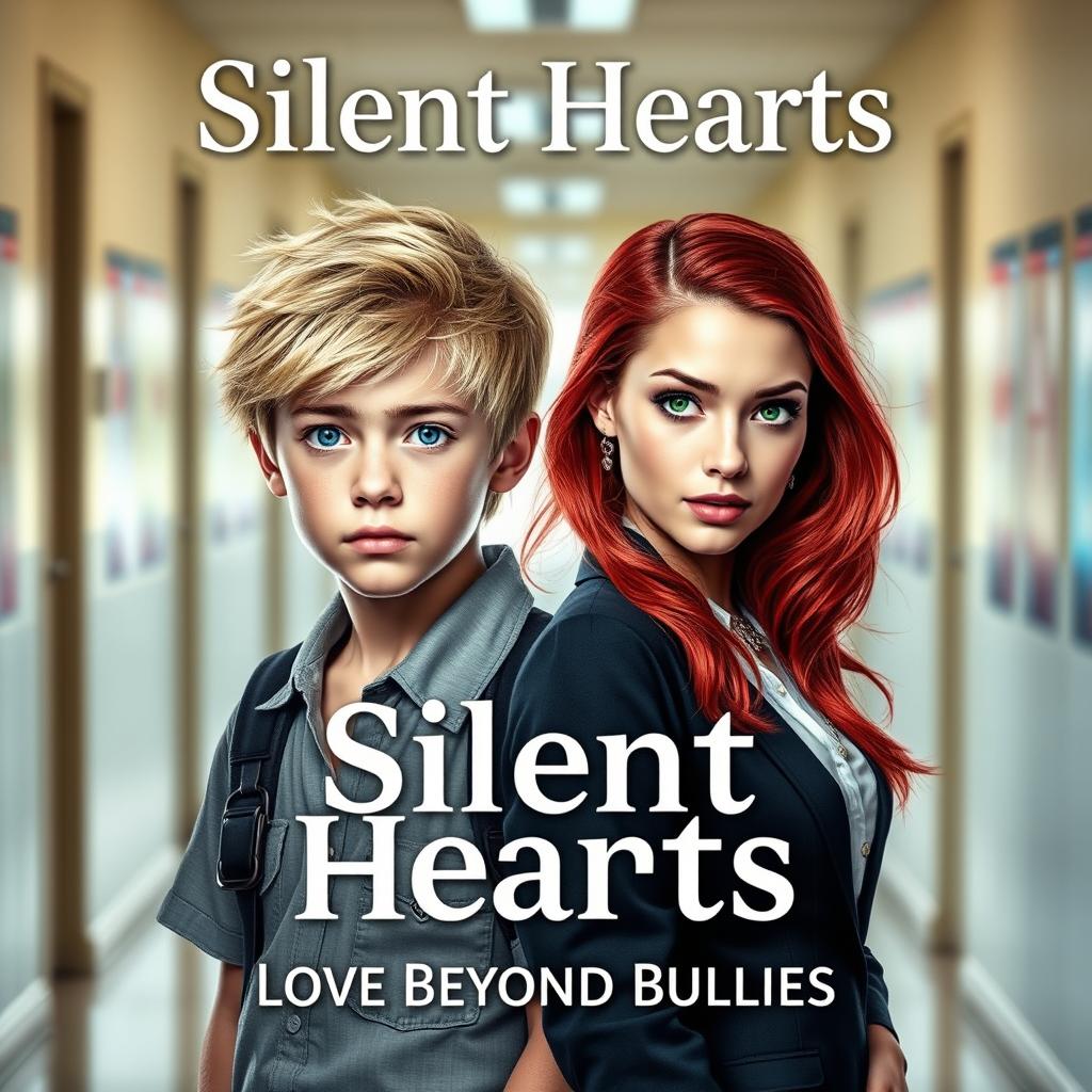 A captivating book cover for "Silent Hearts: Love Beyond Bullies" highlighting the two main characters in a school setting