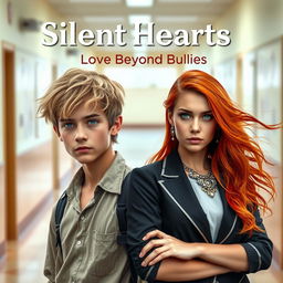 A captivating book cover for "Silent Hearts: Love Beyond Bullies" highlighting the two main characters in a school setting