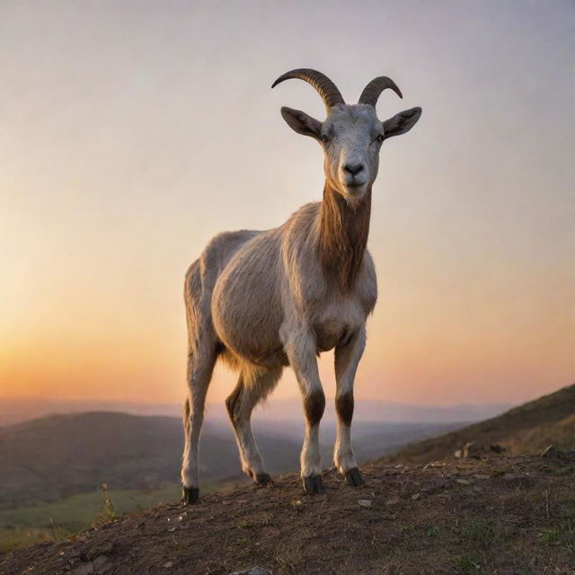 An exceedingly magnificent goat standing proudly on top of a hill against a sunset background