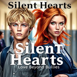 A captivating book cover for "Silent Hearts: Love Beyond Bullies" highlighting the two main characters in a school setting