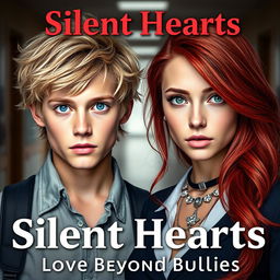 A captivating book cover for "Silent Hearts: Love Beyond Bullies" highlighting the two main characters in a school setting