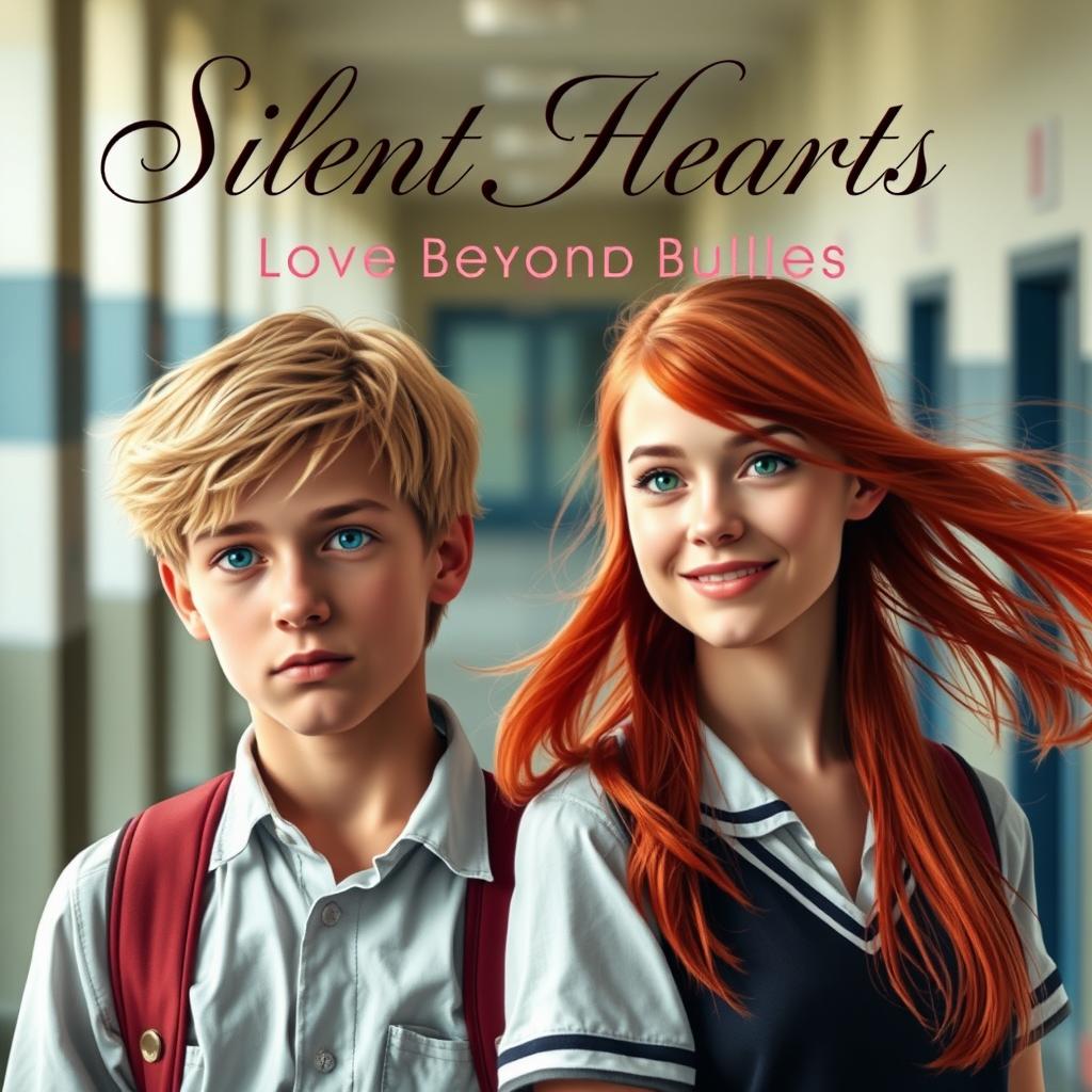 A captivating book cover for "Silent Hearts: Love Beyond Bullies" featuring two main characters in a school setting