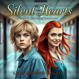 A captivating book cover for "Silent Hearts: Love Beyond Bullies" featuring two main characters in a school setting