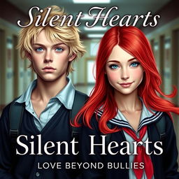 A captivating book cover for "Silent Hearts: Love Beyond Bullies" featuring two main characters in a school setting