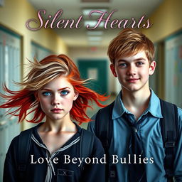 A captivating book cover for "Silent Hearts: Love Beyond Bullies" featuring two main characters in a school setting