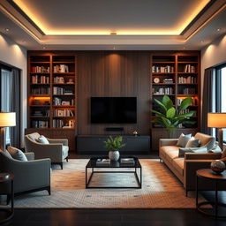 A contemporary-style living room interior with a luxurious and sophisticated ambiance