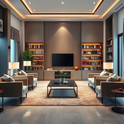 A contemporary-style living room interior with a luxurious and sophisticated ambiance