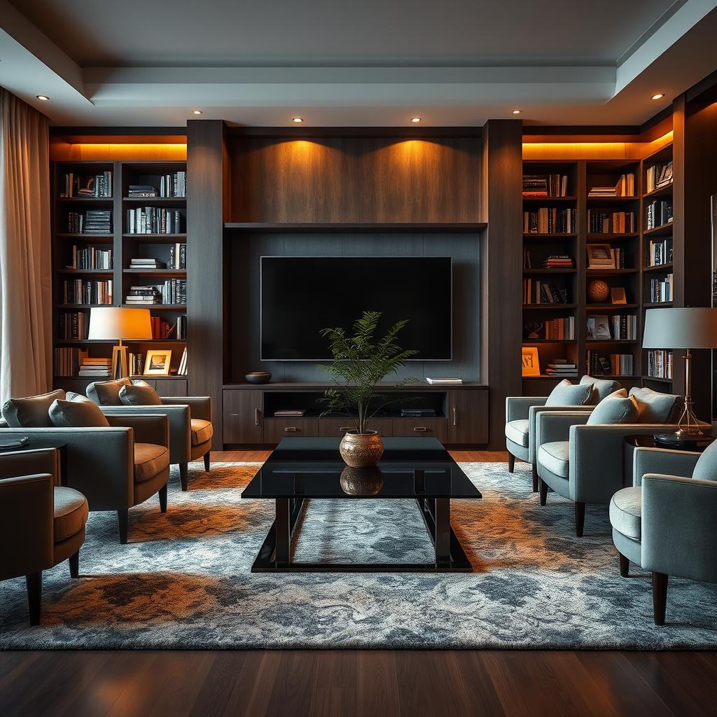 A contemporary-style living room interior richly adorned with a large, sleek flat-screen television and sophisticated bookshelves filled with elegant books